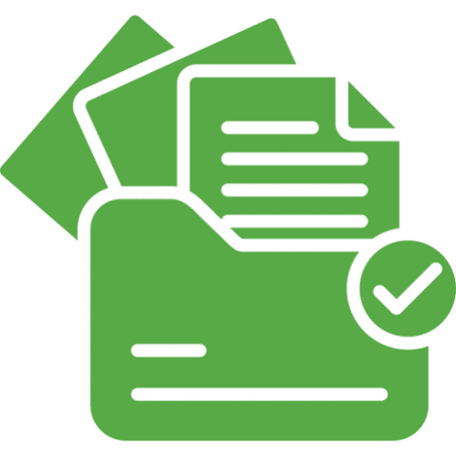 Green folder with documents and checkmark icon.