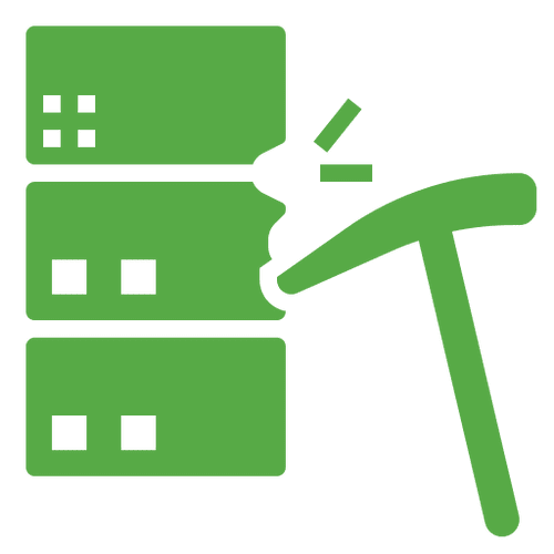 Green pickaxe and server icon on black.