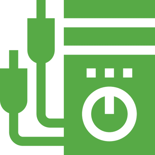Green circuit and timer icon on black.