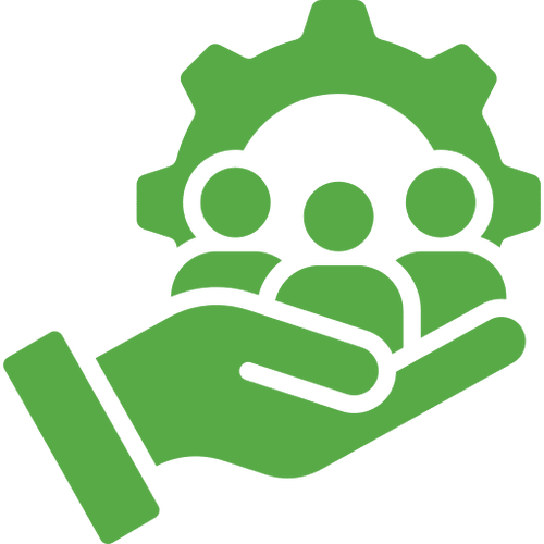 Hand holding people and gear icon.