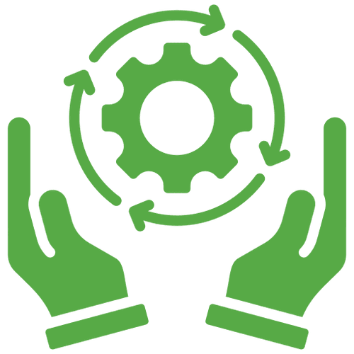 Green hands holding gear with arrows.