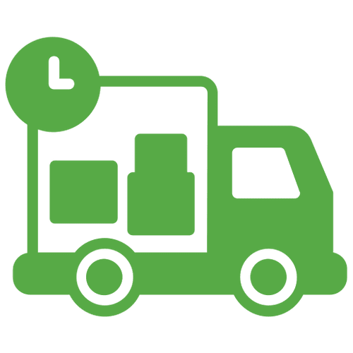 Green delivery truck icon with clock symbol.