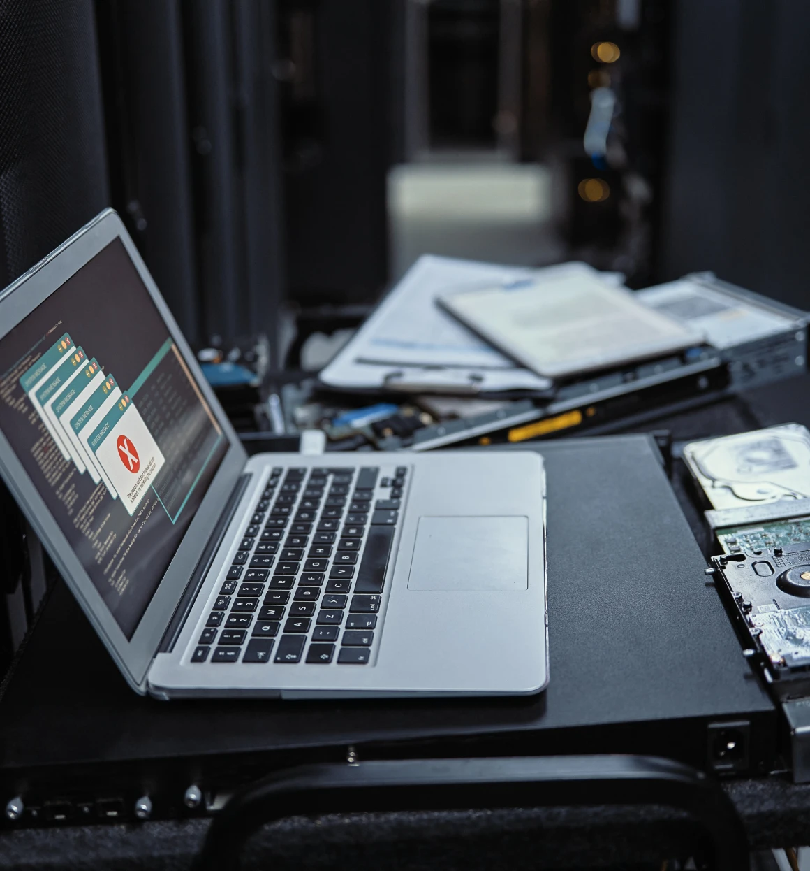 Laptop displaying error message on workspace.