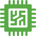 Green circuit board icon on black background.