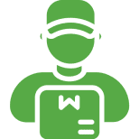 Green delivery person icon on black background.