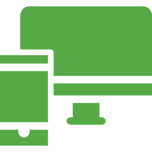 Green computer and smartphone icon on black.