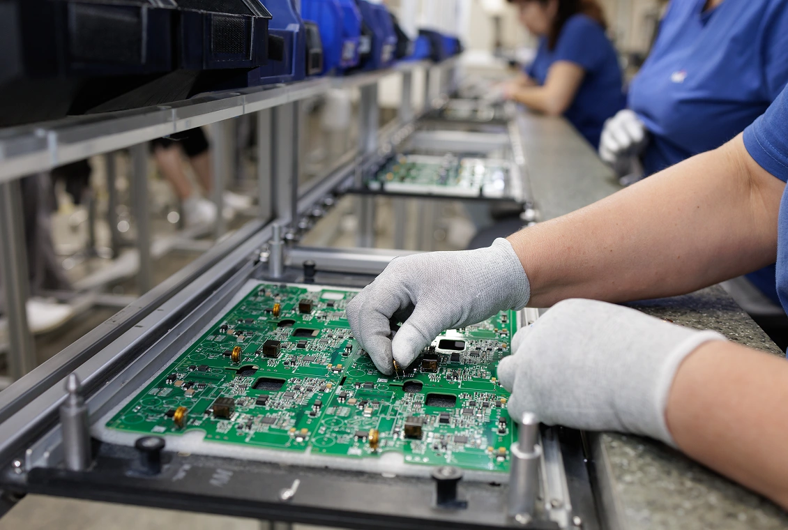 Worker assembling electronic circuit boards.