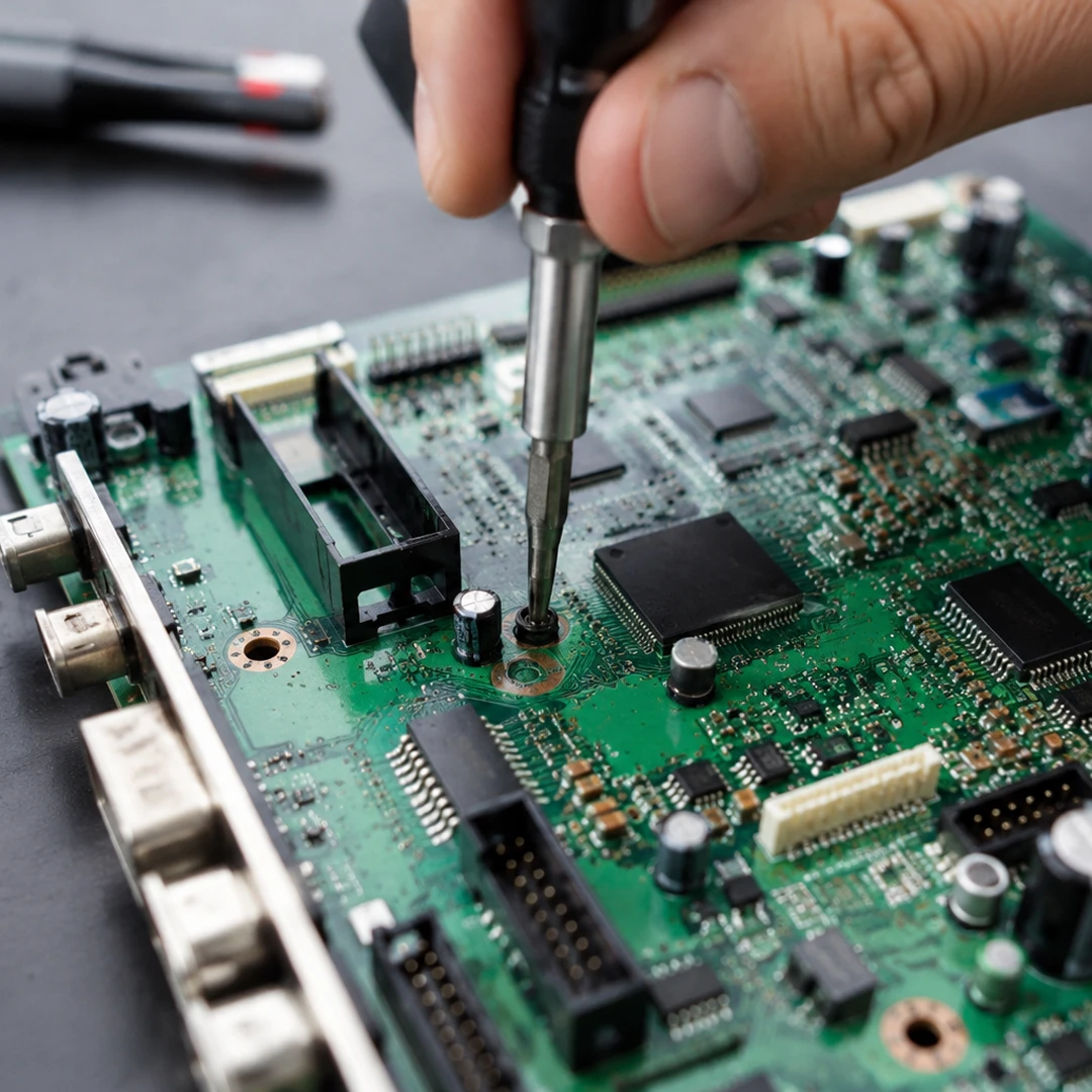 Hand soldering components on a circuit board.