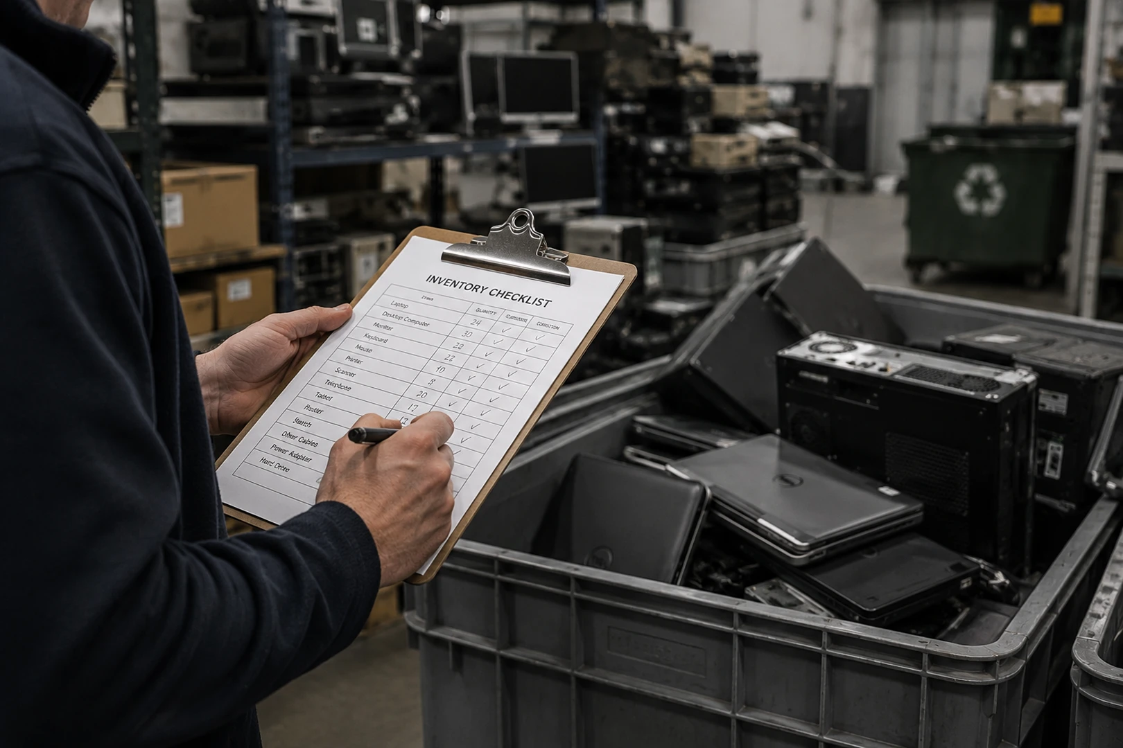 Person checking electronics inventory in warehouse.