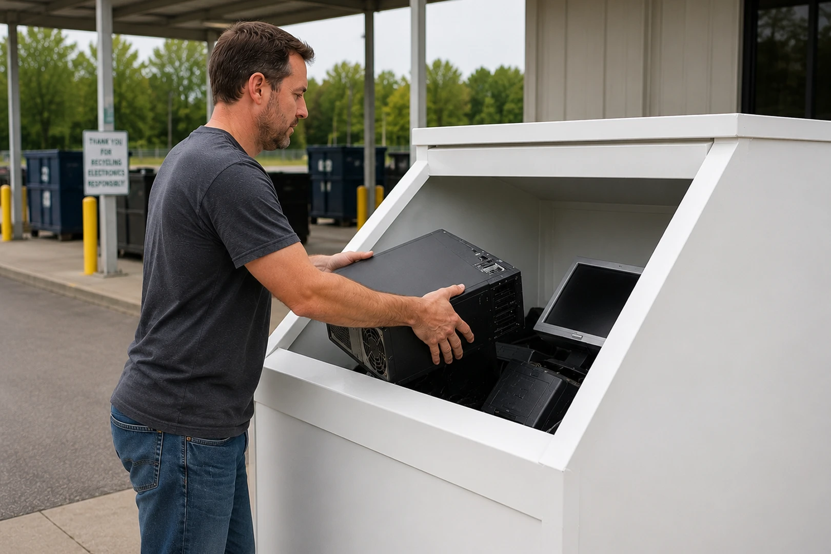 Man recycling old computer equipment outdoors.