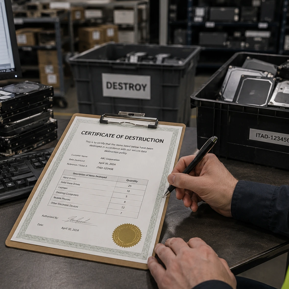Certificate of destruction with computer parts.