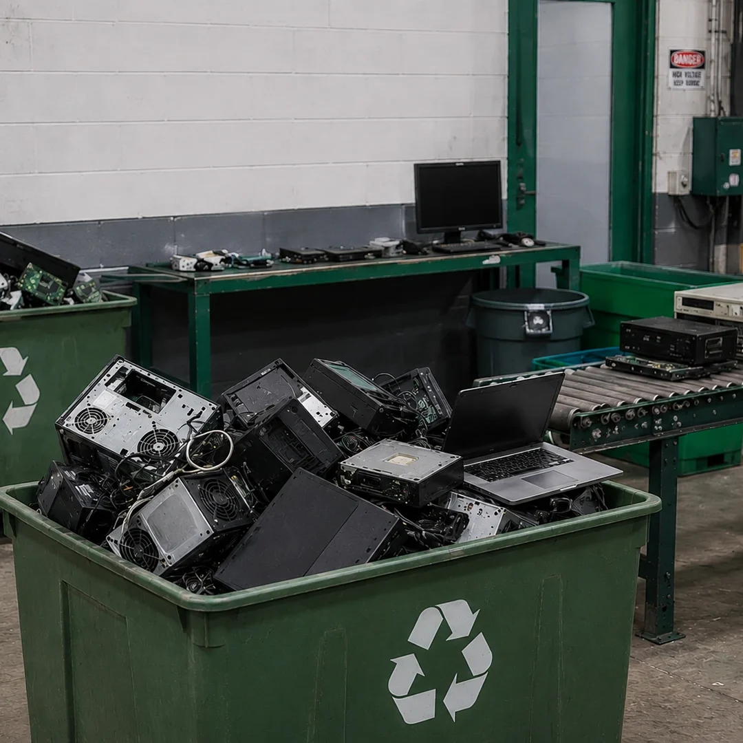 Recycling bins with discarded electronic devices.