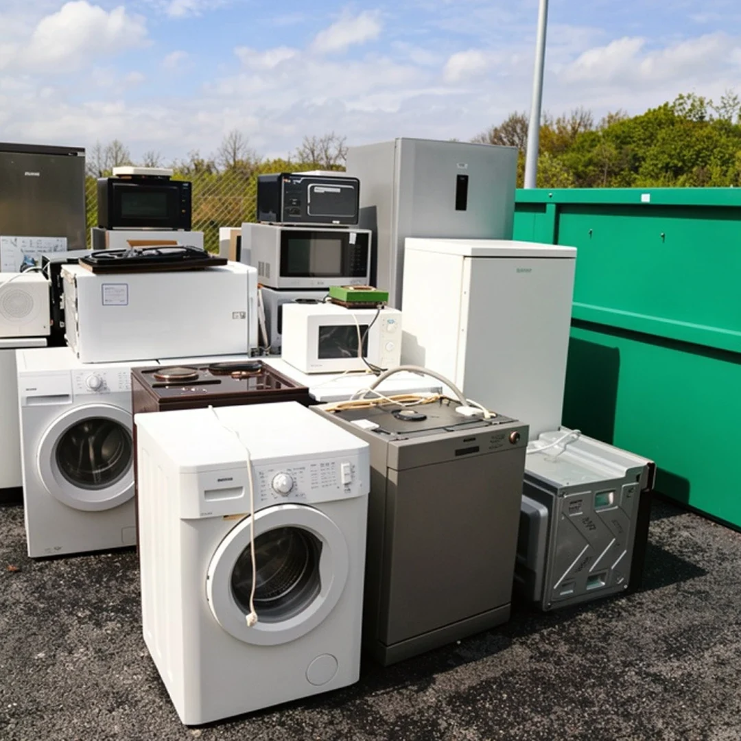 Discarded household appliances at a recycling center.