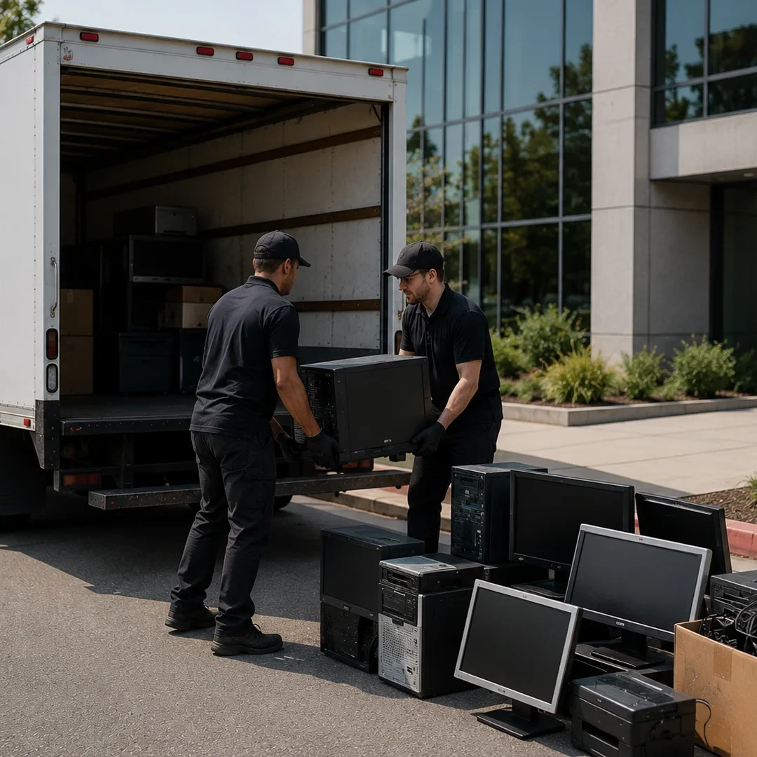 Workers loading electronic equipment into truck.
