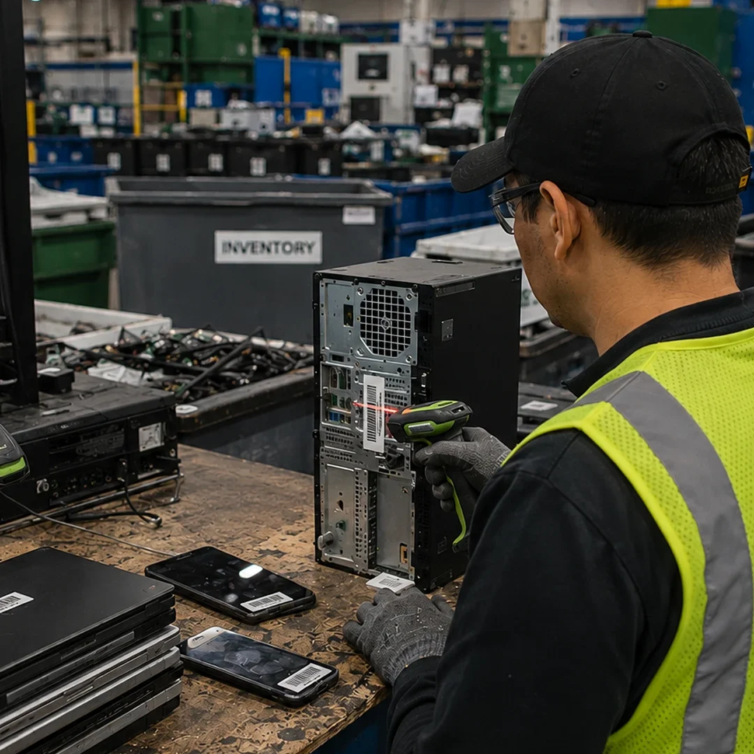 Technician dismantling electronics in warehouse environment.